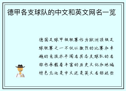 德甲各支球队的中文和英文网名一览